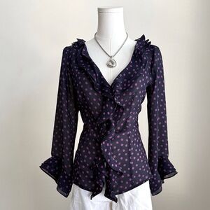 Vintage Laura Leigh Ruffle Polka Dot Blouse Purple Navy Sheer Size Medium